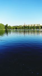 Scenic view of lake against clear blue sky