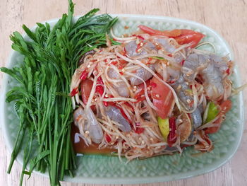 High angle view of seafood served on table