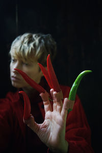 Close-up of hand holding red flower