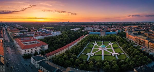 High angle view of cityscape against sky during sunset