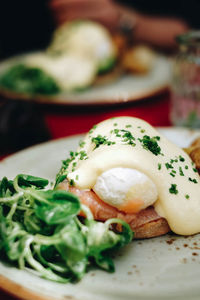 Close-up of breakfast served on table