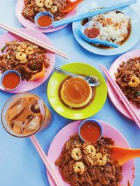 High angle view of breakfast served on table