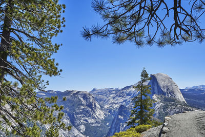 Scenic view of snowcapped mountains against clear blue sky