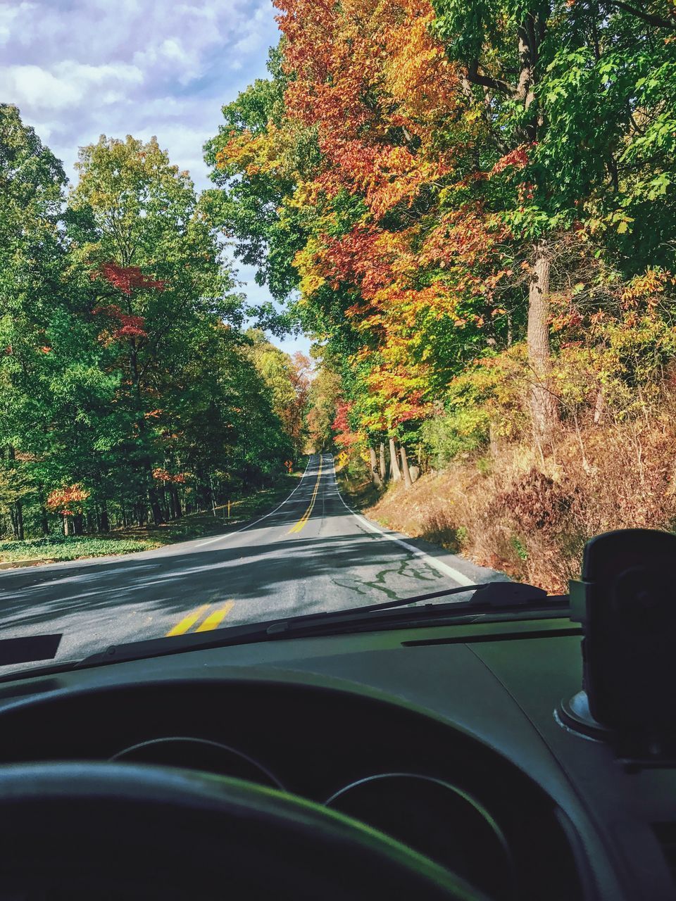 ROAD AMIDST TREES SEEN THROUGH CAR WINDSHIELD DURING AUTUMN