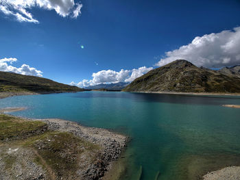 Scenic view of lake against blue sky