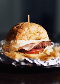 Close-up of burger in plate on table