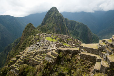 High angle view of old ruins against sky