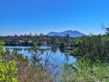 Scenic view of lake against clear blue sky