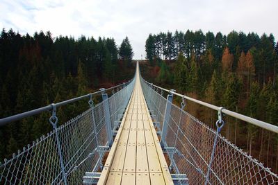 Empty footbridge in forest against sky