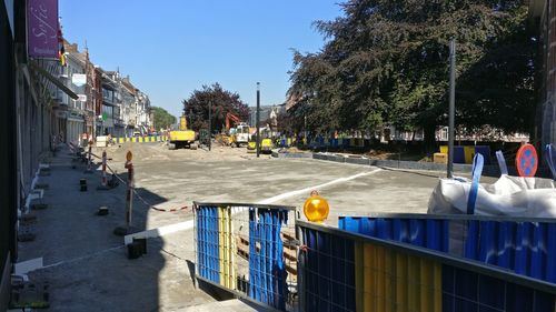 View of street and buildings in city