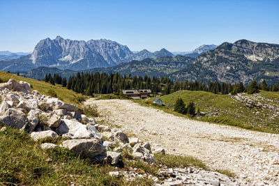 Track with view on straubinger haus an wilder kaiser in the chiemgau alps