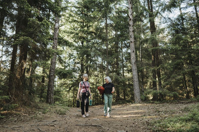 Two senior women hiking in forest