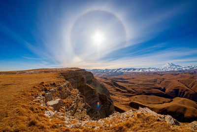 Scenic view of landscape and mountains against blue sky