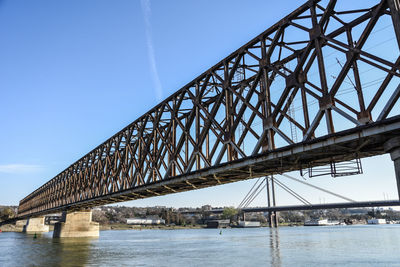 Low angle view of bridge against clear blue sky