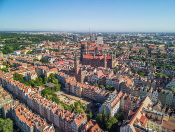 High angle shot of townscape against clear sky