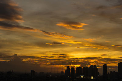 Silhouette of city against cloudy sky during sunset