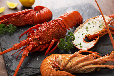 Close-up of seafood in plate on table