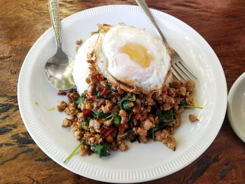 High angle view of breakfast served on table