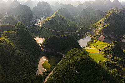 High angle view of land and mountains