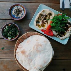 High angle view of breakfast served on table