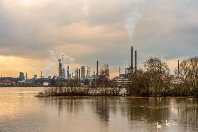 Flood on the rhine, germany. chempark dormagen in the background.