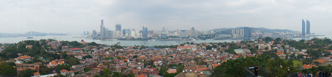 Panoramic view of modern buildings in city against sky