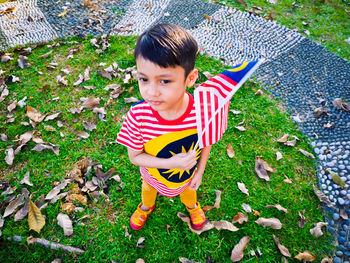 High angle view of boy looking at plants