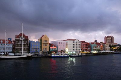 River by cityscape against sky