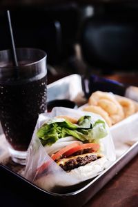 Close-up of food served on table