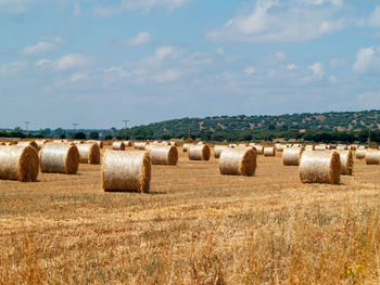 Hay bales on field against sky