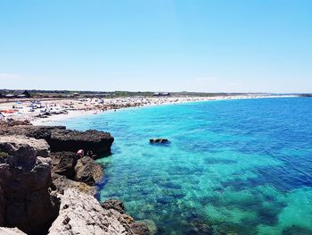 Scenic view of sea against clear blue sky