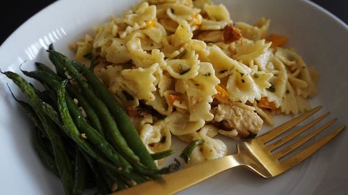 High angle view of pasta in plate