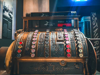 Close-up of old machinery in store