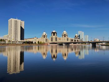 Reflection of buildings in lake