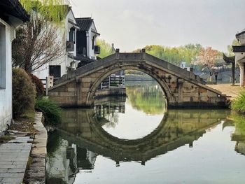 Arch bridge over river amidst buildings against sky