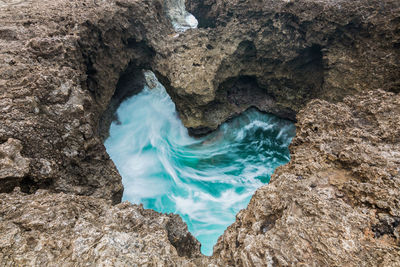 High angle view of water flowing through rock formation