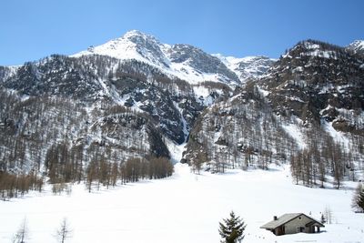 Scenic view of snowcapped mountains against clear sky