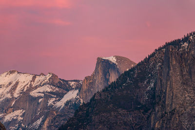 Panoramic view of half dome against sky during sunset.yosemite valley.