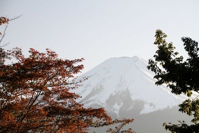 Scenic view of snowcapped mountains against clear sky