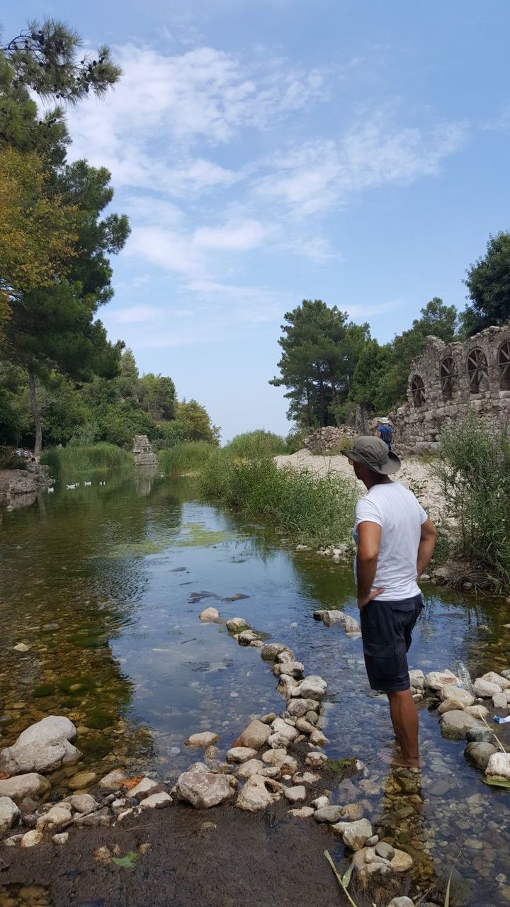 REAR VIEW OF MAN STANDING BY LAKE AGAINST SKY