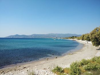 Scenic view of sea against clear blue sky