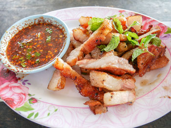 High angle view of meal served on table