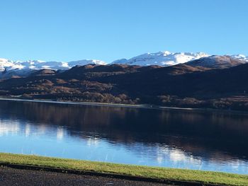 Scenic view of lake by mountains against sky