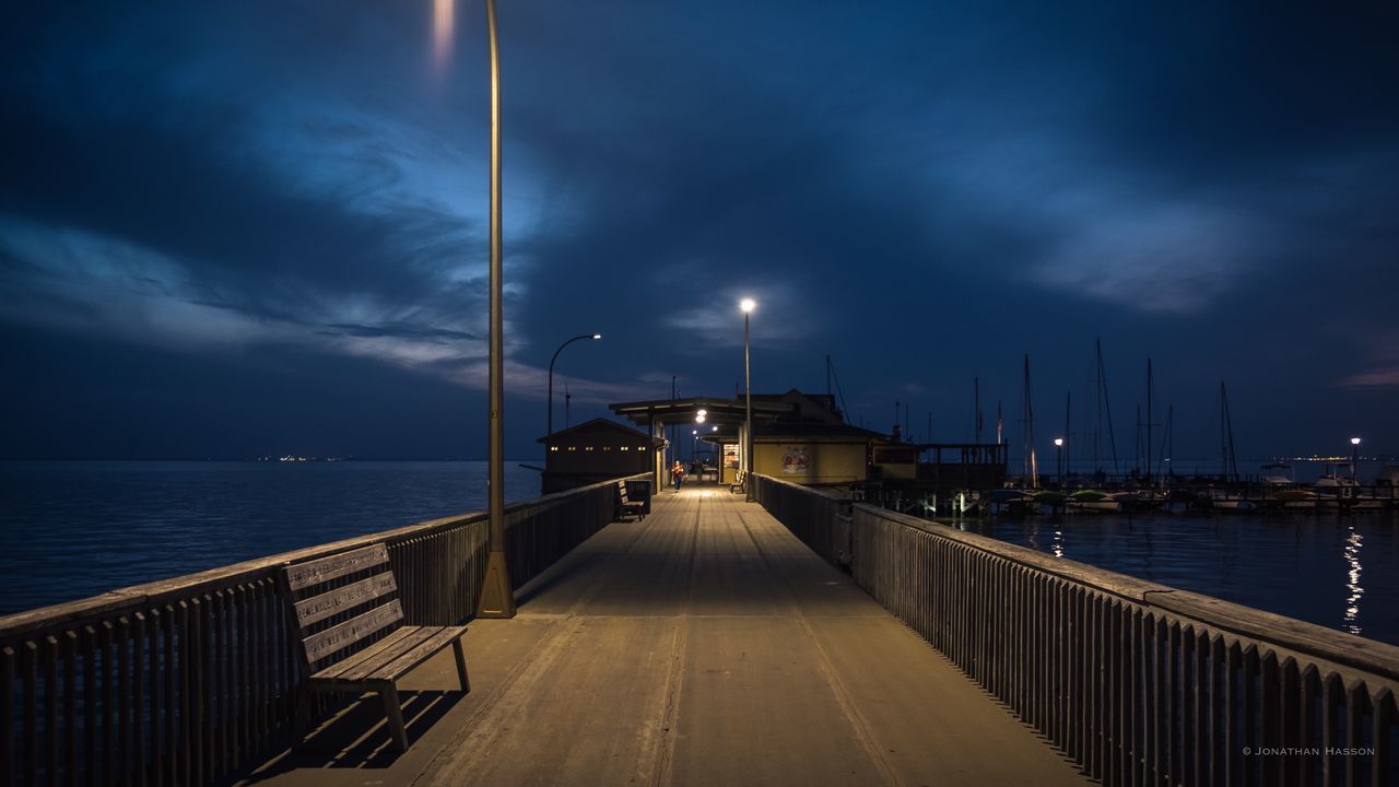 water, sky, cloud - sky, sea, built structure, architecture, railing, illuminated, no people, transportation, nature, street light, direction, the way forward, lighting equipment, night, beauty in nature, building exterior, dusk, outdoors, horizon over water