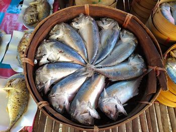 High angle view of fish for sale in market