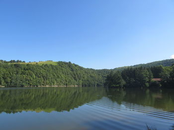 Scenic view of lake against clear blue sky