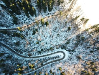 High angle view of snow covered mountain road