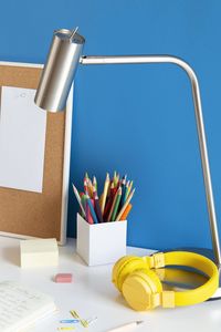 High angle view of office supplies on table