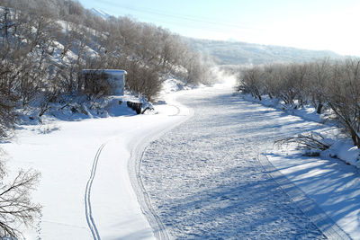 Snow covered landscape against sky