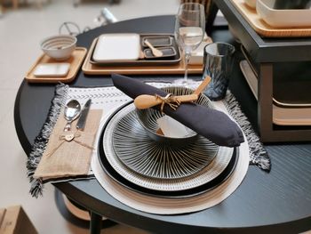 High angle view of old telephone on table